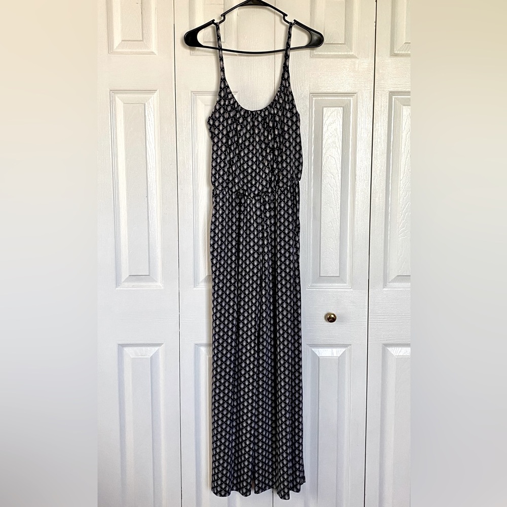 Navy jumpsuit with white pattern by Kaileigh